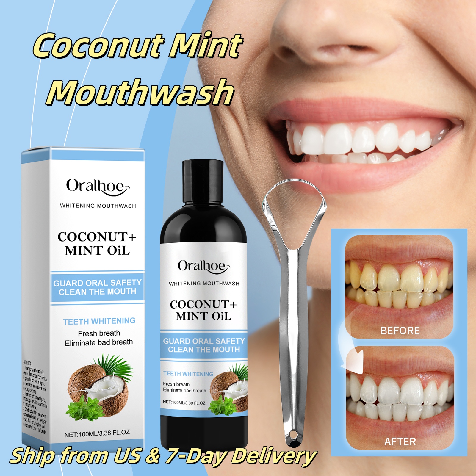 Teeth Whitening Oil Pulling - Coconut Mint Pulling Oil Mouthwash Alcohol-free