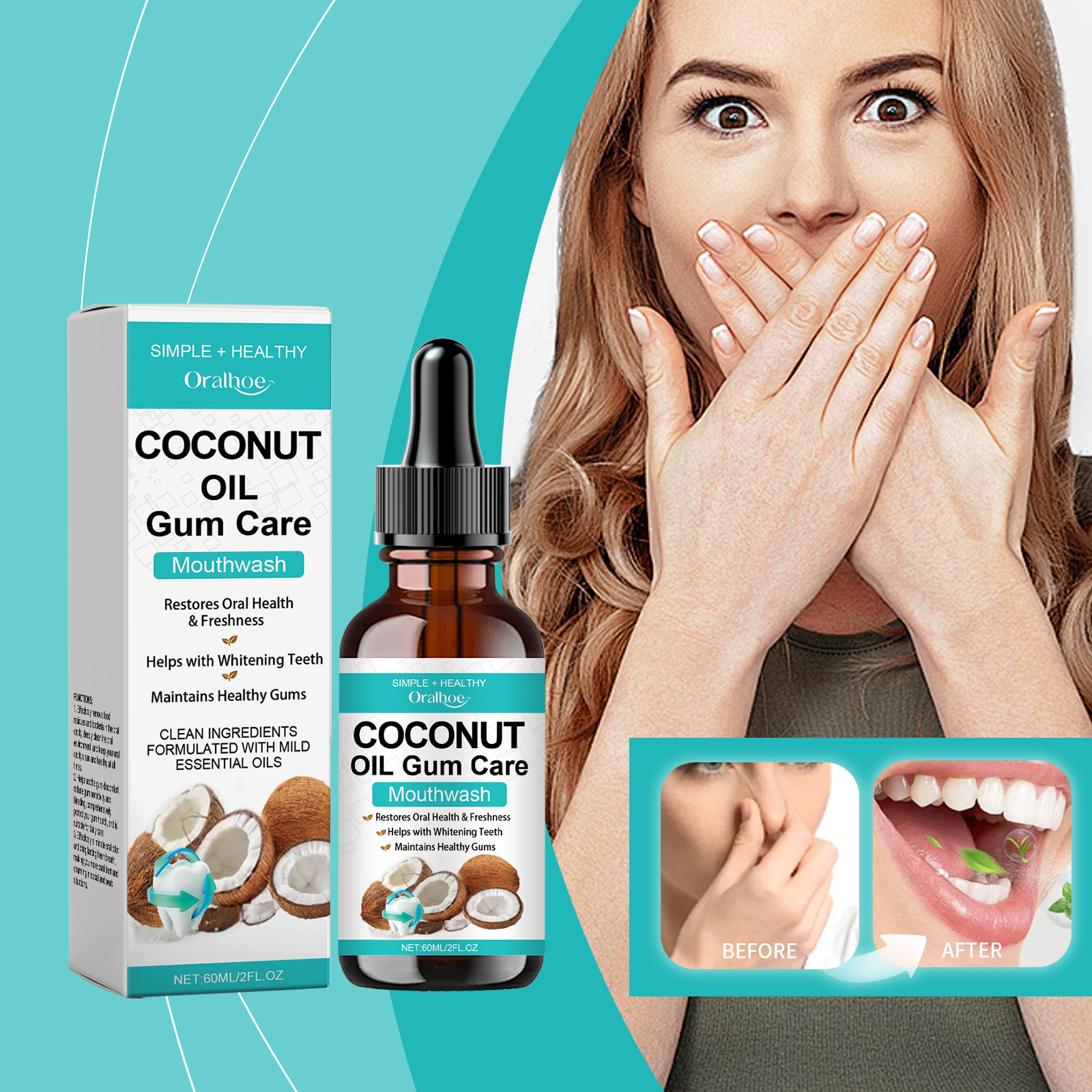 Teeth Whitening Oil Pulling - Coconut Mint Pulling Oil Mouthwash Alcohol-Free